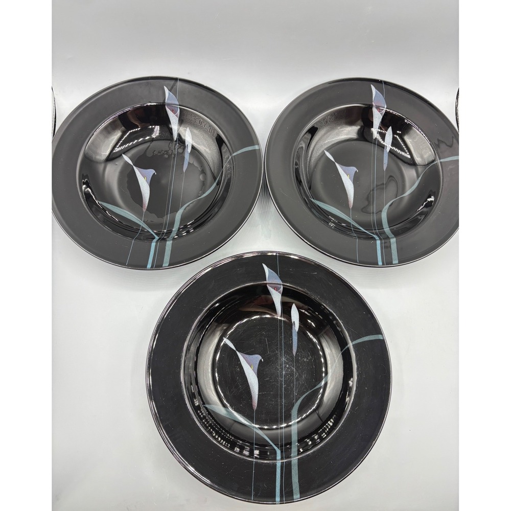 Mikasa Galleria Opus‎ Black Set of 3 Rimmed Soup Pasta Bowls Calla Lily